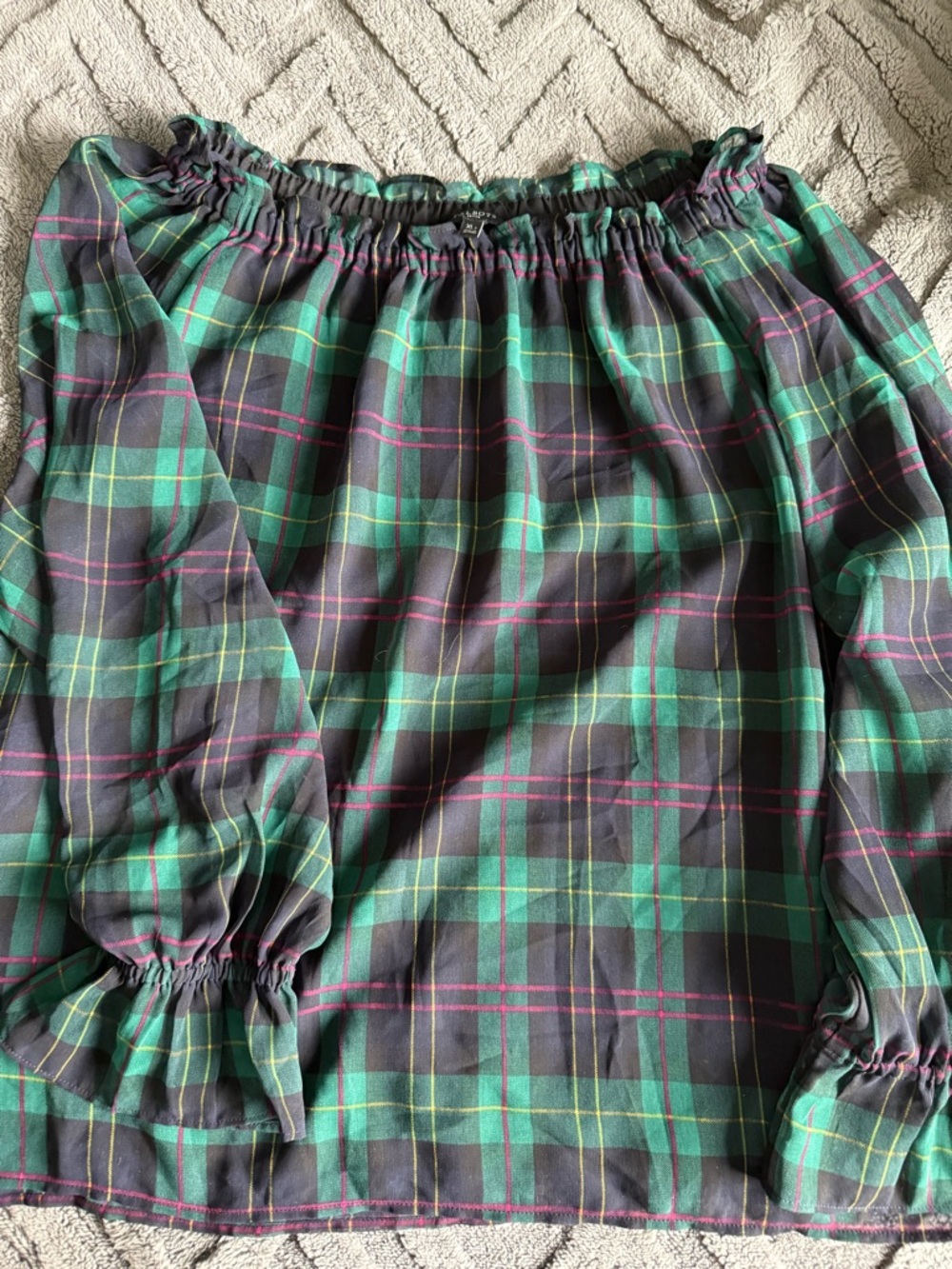 Talbots Green Plaid Elastic Neckline Blouse